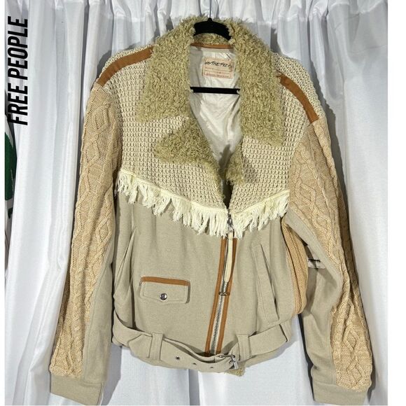 FREE PEOPLE COZY KNIT MIX MOTO JACKET NWT SIZE LARGE CREAM TAN - Picture 7 of 9